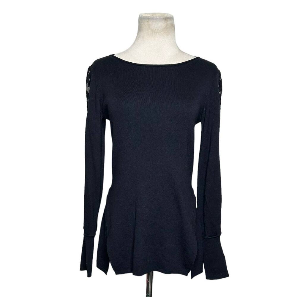 Nic+Zoe Black Flash Of Lace Boat Neck Sweater size small